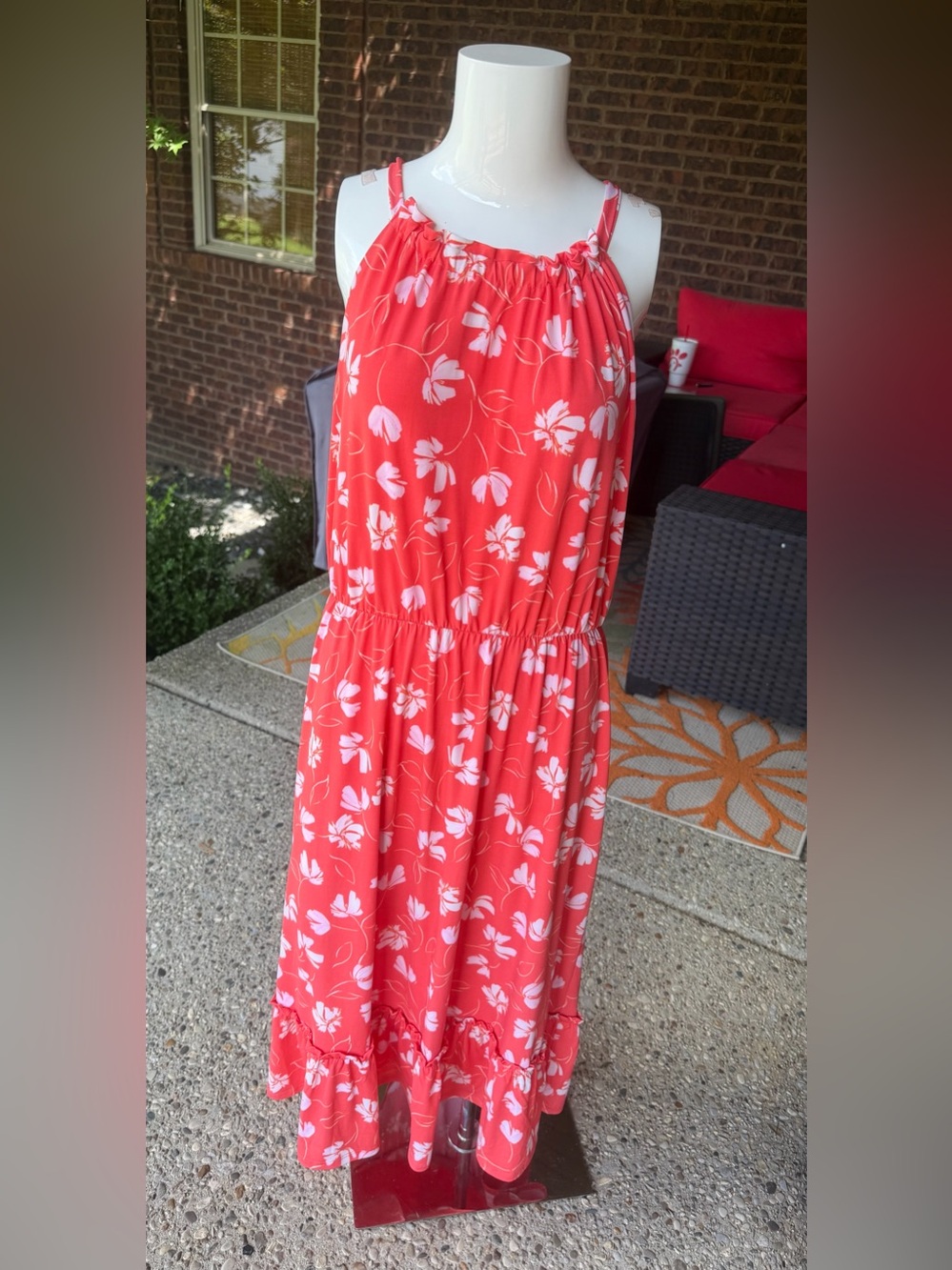Gilli Coral Floral Midi Dress High-Low Ruffle Hem Tie Straps Size M
